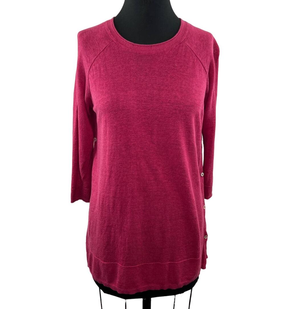 Paul Costelloe Living Pink Knit 3/4 Sleeve Side Button Sweater Tunic Top Crew M
